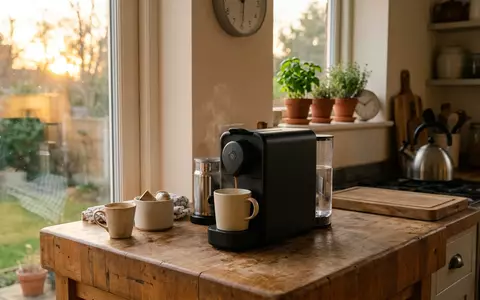 Fotorealistische Aufnahme von Kapselkaffeemaschine in der Kueche zum Thema Bosch TAS6504 Tassimo Suny, warmes Abendlicht - Foto: THN