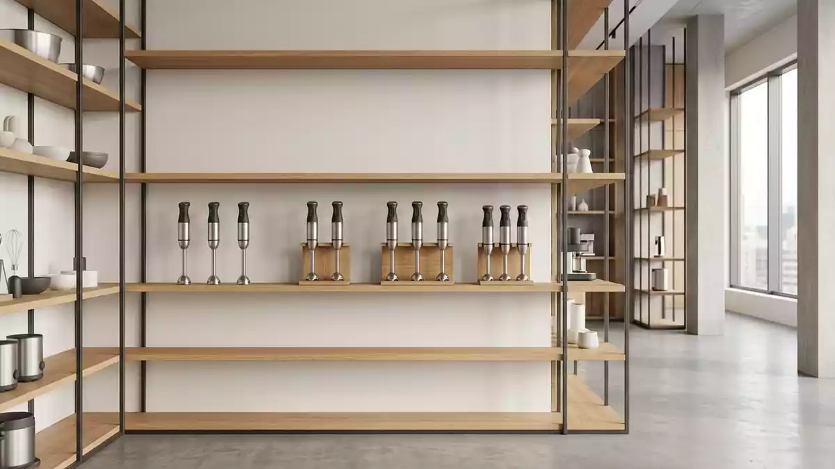 Architektur-Render im Kuechengeraetegeschaeft mit Stabmixer im Ausstellungsbereich