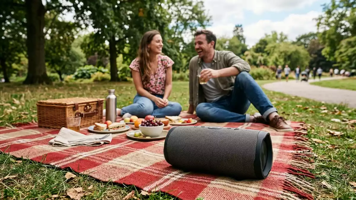 Fotorealistische Ansicht von Tragbarer Lautsprecher im Park in realer Umgebung