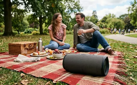 Fotorealistische Aufnahme von Tragbarer Lautsprecher im Park zum Thema Bose SoundLink Flex Bluetooth-Lautsprecher, natuerliches Licht - Foto: THN