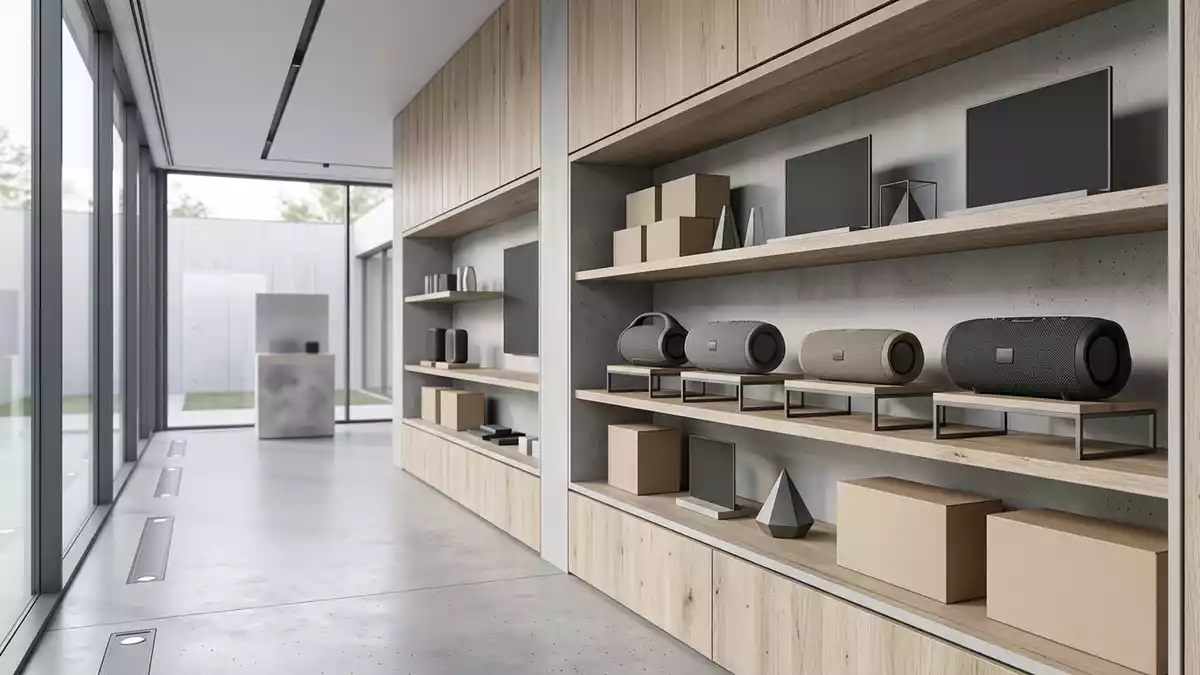 Architektur-Render im Elektronikgeschaeft mit Tragbarer Lautsprecher im Ausstellungsbereich