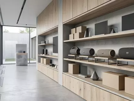 Architektur-Render im Elektronikgeschaeft mit Tragbarer Lautsprecher zum Thema Bose SoundLink Flex Bluetooth-Lautsprecher, neutrales Tageslicht - Foto: THN