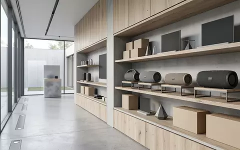 Architektur-Render im Elektronikgeschaeft mit Tragbarer Lautsprecher zum Thema Bose SoundLink Flex Bluetooth-Lautsprecher, neutrales Tageslicht - Foto: THN