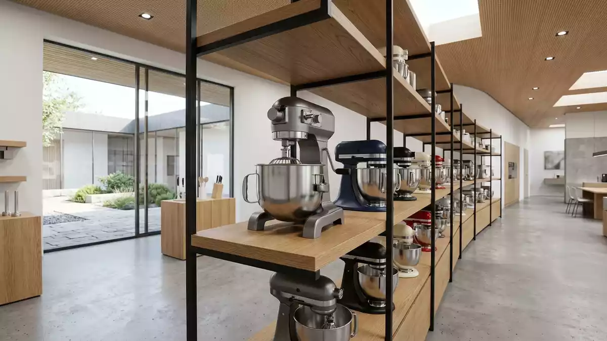 Architektur-Render im Kuechengeraetegeschaeft mit Kuechenmaschine im Ausstellungsbereich