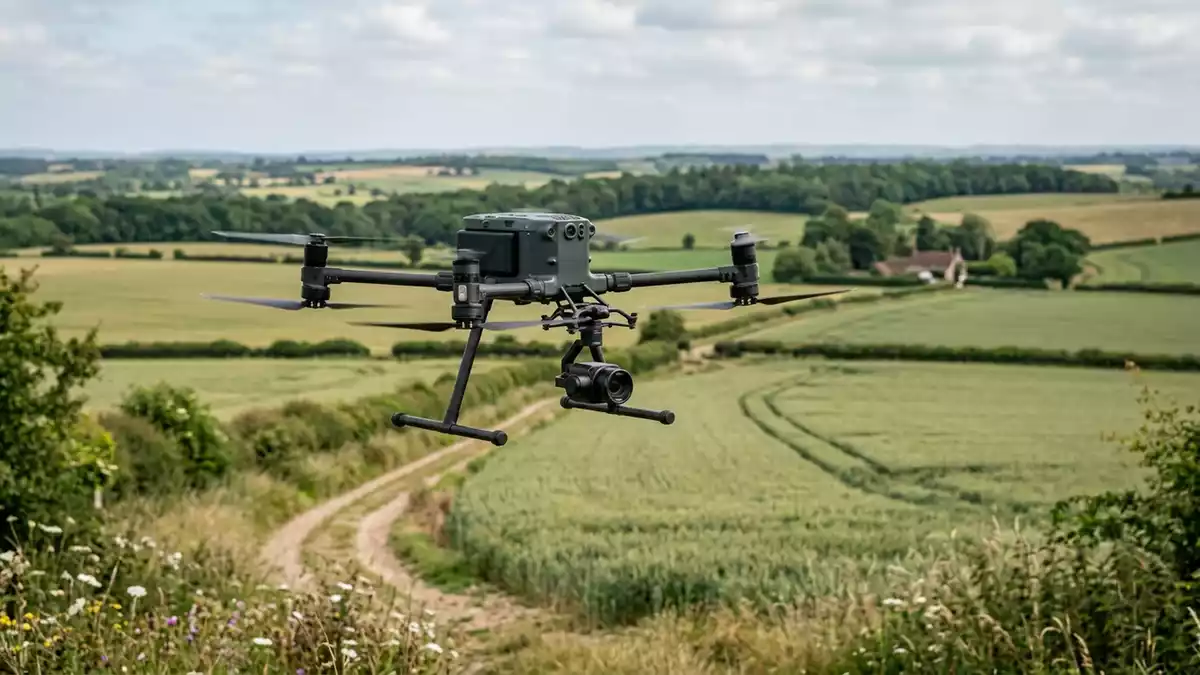 Fotorealistische Ansicht von Kameradrohne ueber dem Feld in realer Umgebung, neutral