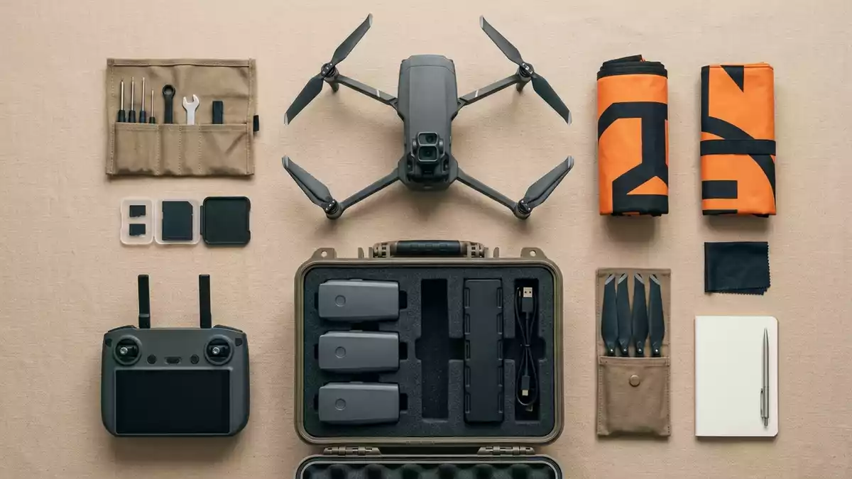 Flatlay-Arrangement rund um Kameradrohne mit passenden Requisiten von oben, neutral