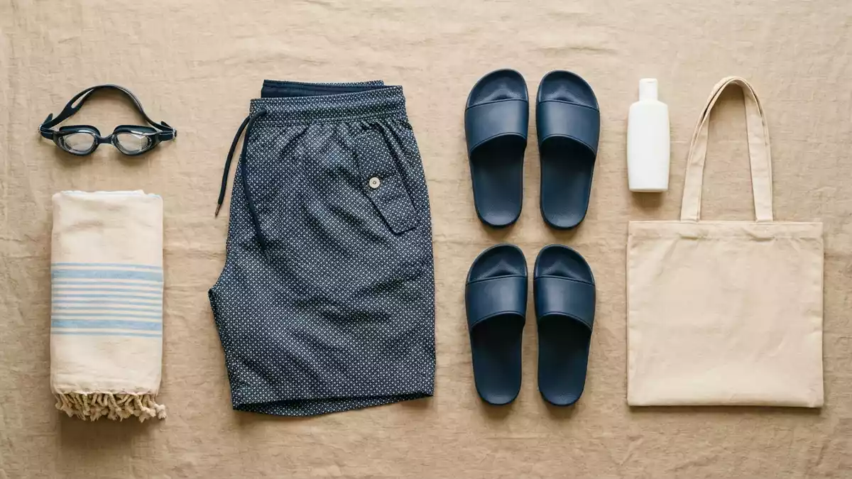 Flatlay-Arrangement rund um Badeshorts mit passenden Requisiten von oben, neutral