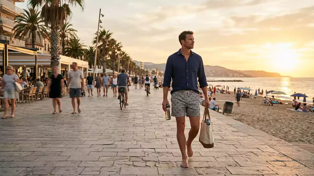 Fotorealistische Ansicht von Badeshorts an der Strandpromenade in warmem Abendlicht