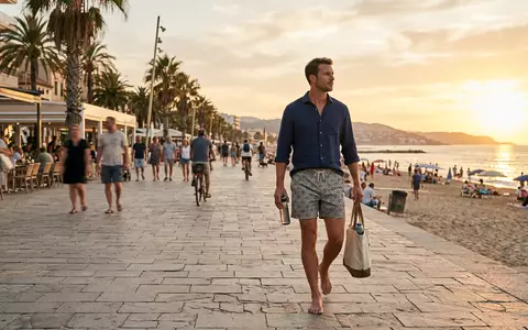 Fotorealistische Aufnahme von Badeshorts an der Strandpromenade zum Thema Paul Smith Herren Badeshorts, warmes Abendlicht - Foto: THN