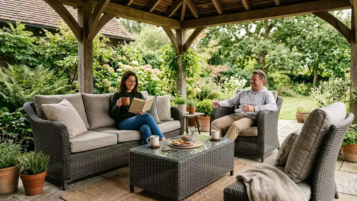 Fotorealistische Ansicht von Gartenlounge auf der Terrasse in realer Umgebung, neutral