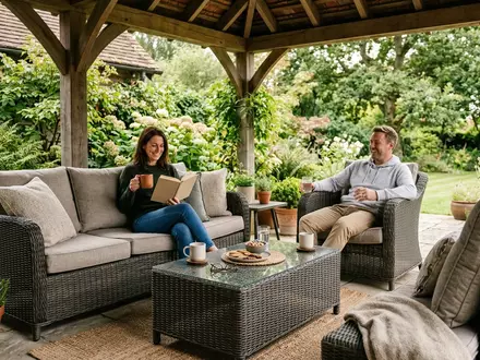 Fotorealistische Aufnahme von Gartenlounge auf der Terrasse zum Thema tectake Polyrattan Gartenmöbel Set, natuerliches Licht - Foto: THN