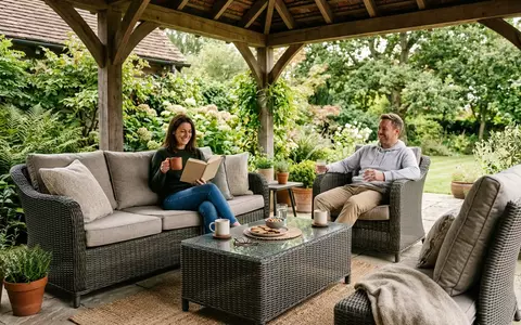 Fotorealistische Aufnahme von Gartenlounge auf der Terrasse zum Thema tectake Polyrattan Gartenmöbel Set, natuerliches Licht - Foto: THN