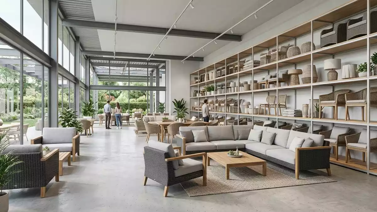 Architektur-Render im Gartenmoebelladen mit Gartenlounge im Ausstellungsbereich
