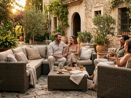 Fotorealistische Aufnahme von Gartenlounge im Innenhof zum Thema tectake Polyrattan Gartenmöbel Set, warmes Abendlicht - Foto: THN