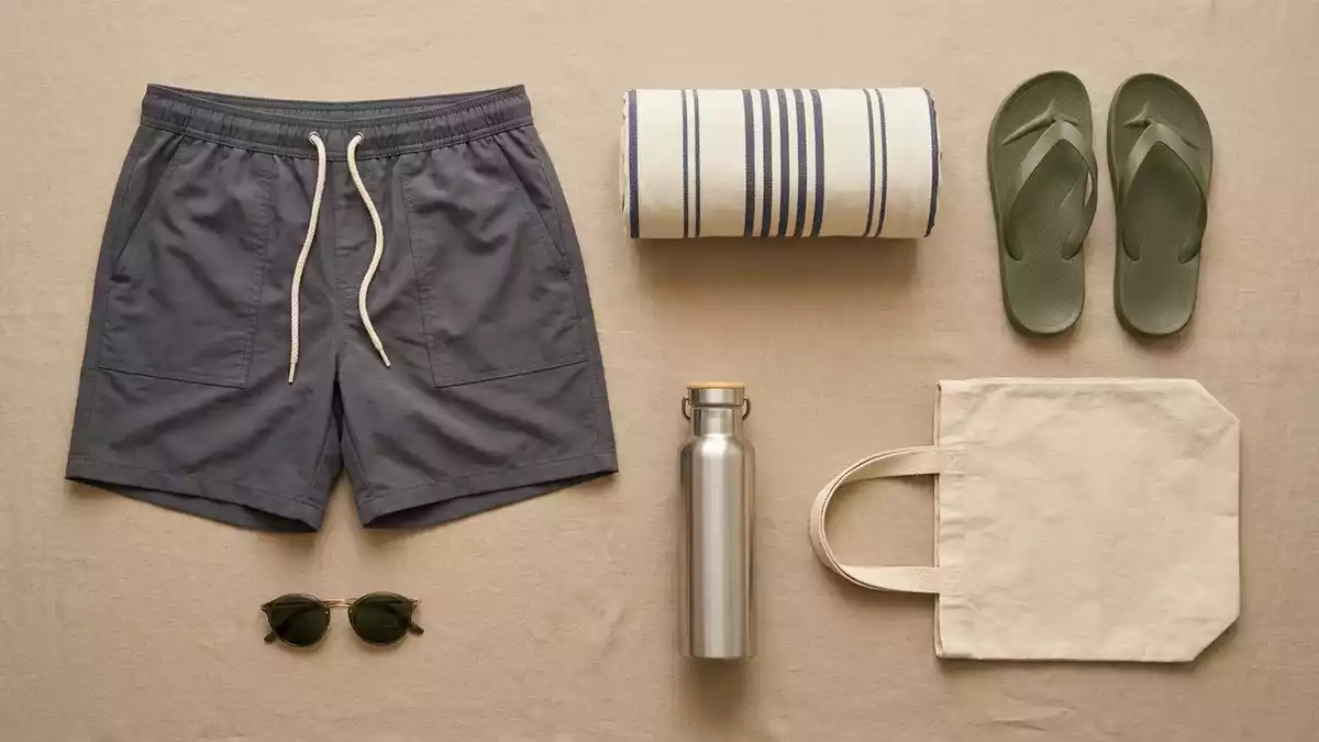 Flatlay-Arrangement rund um Badeshorts mit passenden Requisiten von oben, neutral