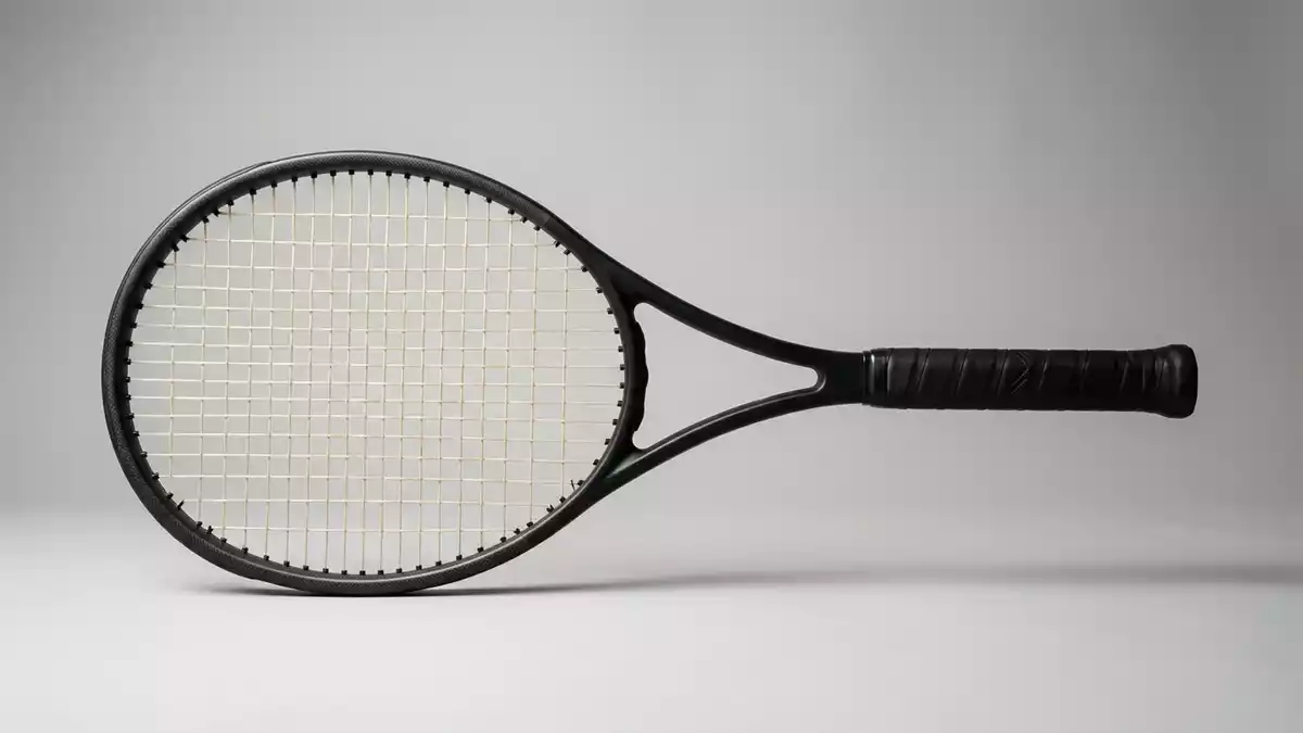 Fotorealistische Studioansicht von Tennisschlaeger in neutraler Produktdarstellung