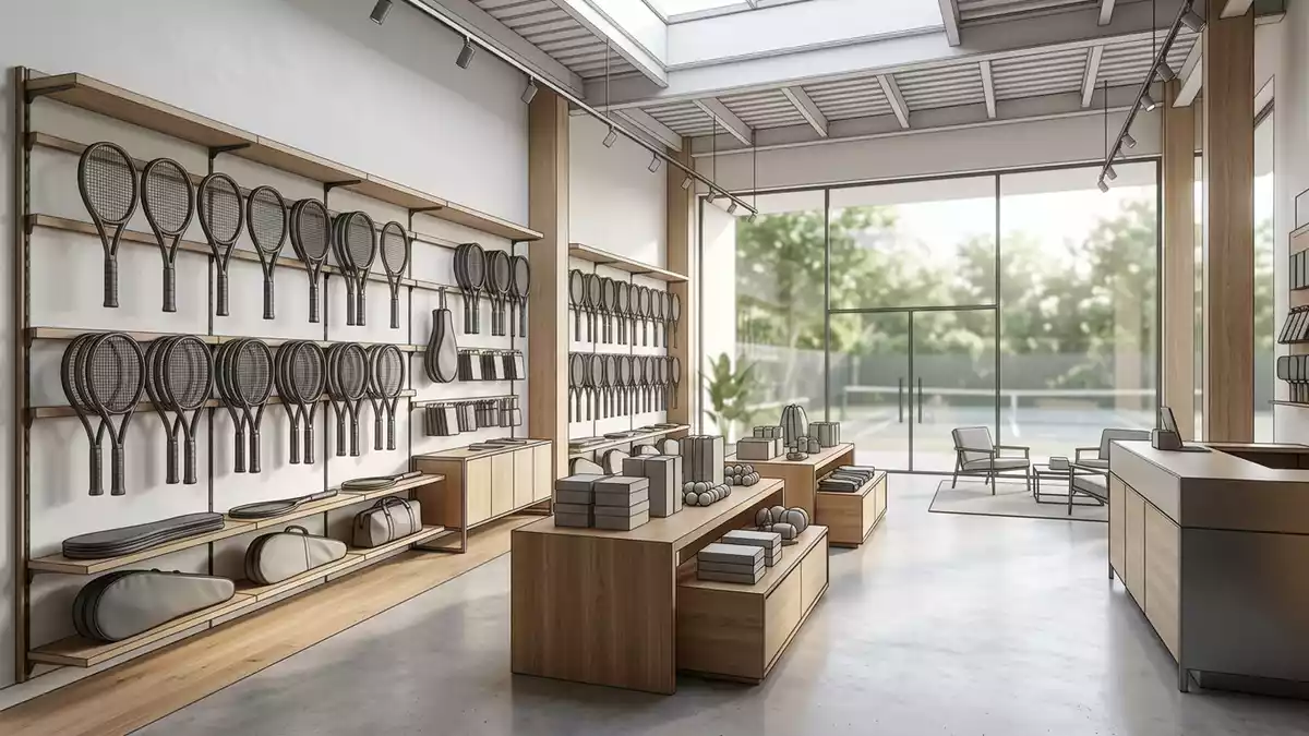 Architektur-Render im Tennisladen mit Tennisschlaeger im Ausstellungsbereich, neutral