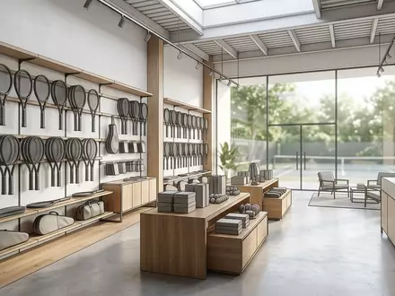 Architektur-Render im Tennisladen mit Tennisschlaeger zum Thema Tecnifibre T-Fight 305 Isoflex, neutrales Tageslicht - Foto: THN
