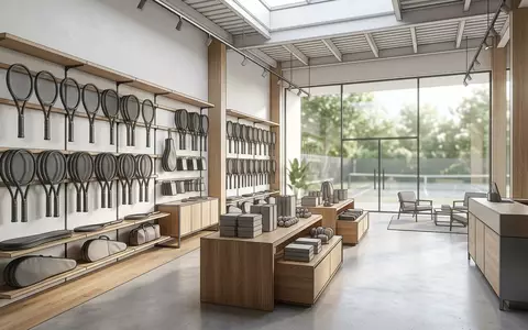Architektur-Render im Tennisladen mit Tennisschlaeger zum Thema Tecnifibre T-Fight 305 Isoflex, neutrales Tageslicht - Foto: THN