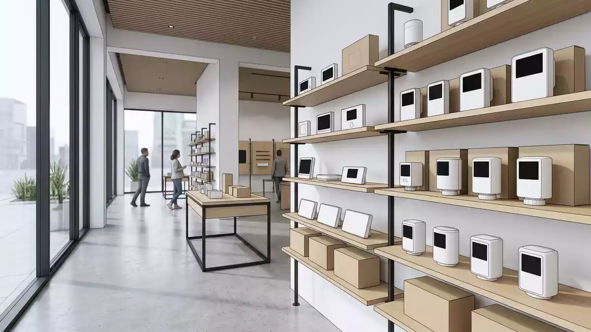 Architektur-Render im Haustechnikladen mit Heizkoerperthermostate im Ausstellungsbereich