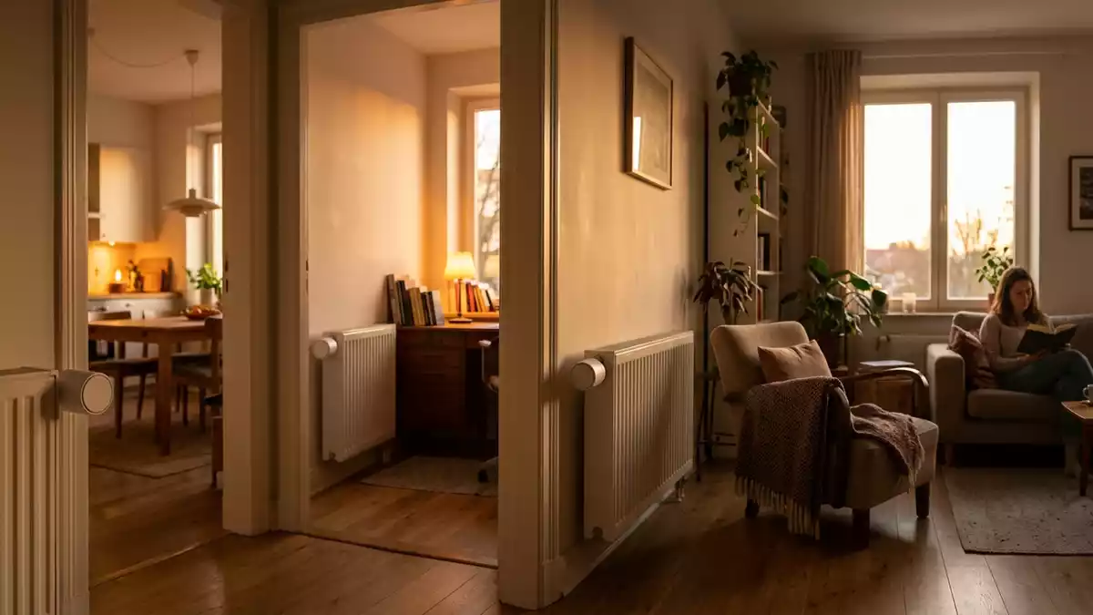 Fotorealistische Ansicht von Heizkoerperthermostate im Wohnhaus in warmem Abendlicht