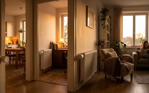 Fotorealistische Aufnahme von Heizkoerperthermostate im Wohnhaus zum Thema tado Smartes Heizkörperthermostat X, warmes Abendlicht - Foto: THN