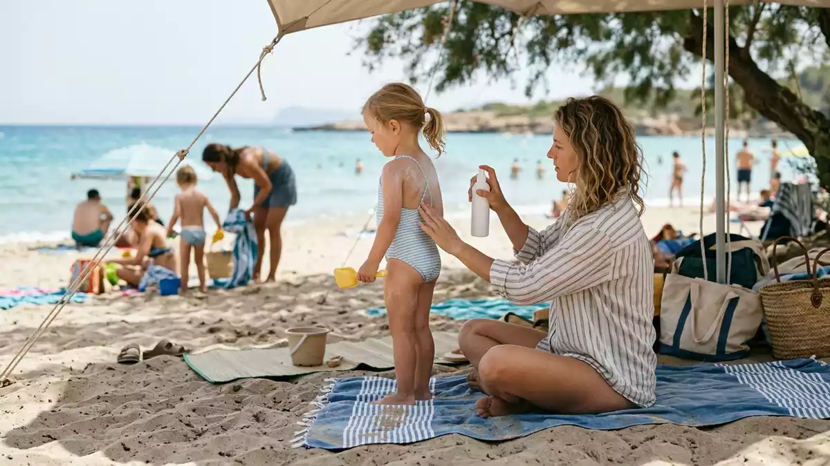 Fotorealistische Ansicht von Sonnenspray am Strand in realer Umgebung, neutral