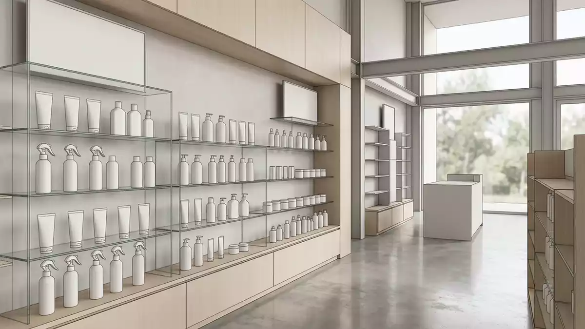 Architektur-Render im Kosmetikgeschaeft mit Sonnenspray im Ausstellungsbereich