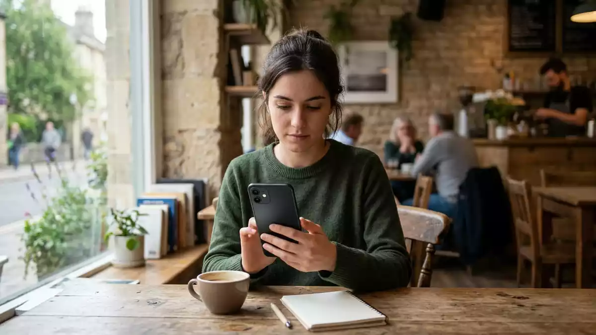 Fotorealistische Ansicht von Smartphone im Cafe in realer Umgebung, sachlich dargestellt