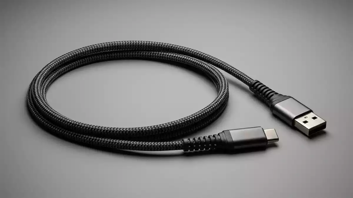 Fotorealistische Studioansicht von Ladekabel in neutraler Produktdarstellung, neutral