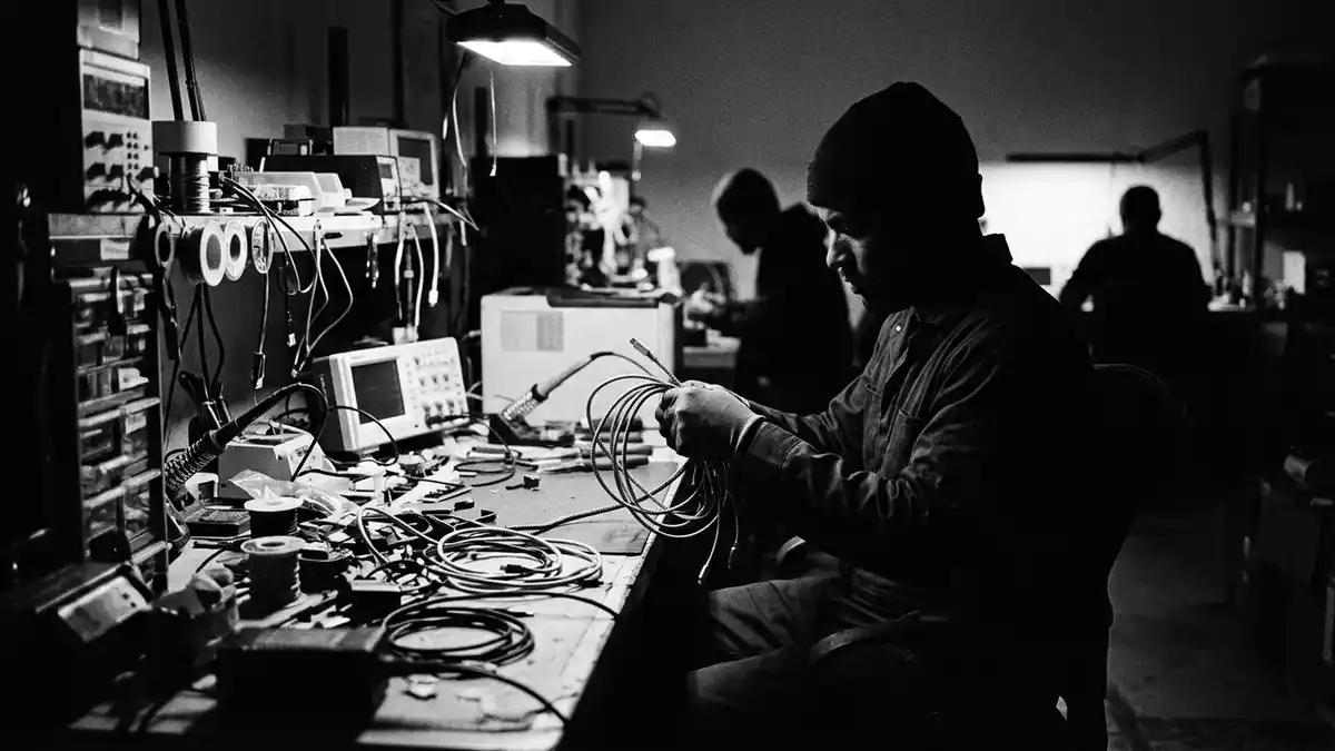 Schwarzweiss-Reportagebild mit Ladekabel in dokumentarischer Arbeitsumgebung, neutral