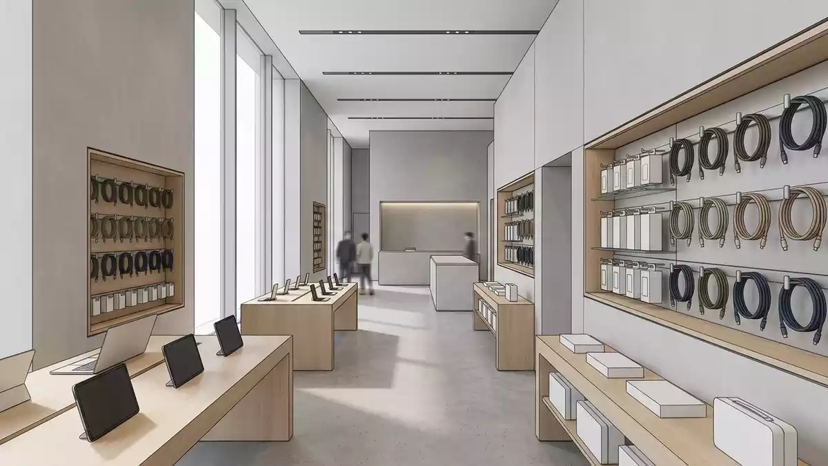 Architektur-Render im Handygeschaeft mit Ladekabel im Ausstellungsbereich, neutral