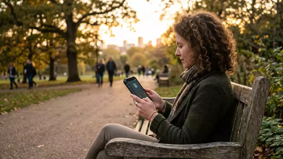 Fotorealistische Ansicht von Smartphone im Park in warmem Abendlicht, neutral