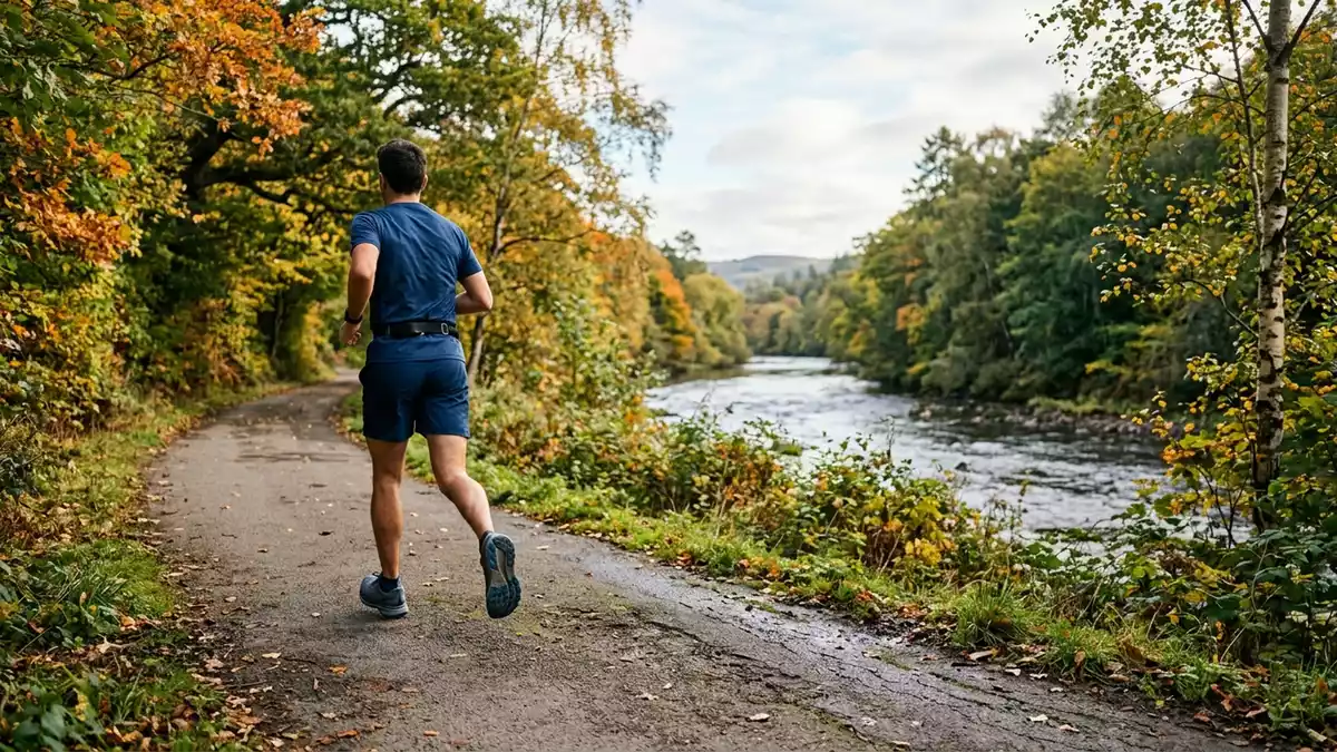 Fotorealistische Ansicht von Laufschuhe am Flussufer in realer Umgebung, neutral