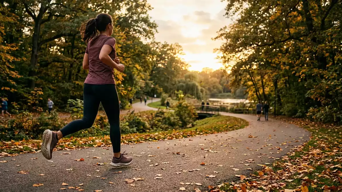 Fotorealistische Ansicht von Laufschuhe im Park in warmem Abendlicht, neutral