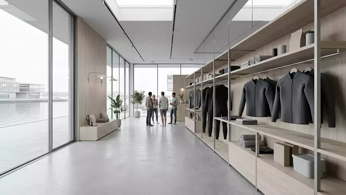 Architektur-Render im Wassersportladen mit Surfjacke im Ausstellungsbereich, neutral