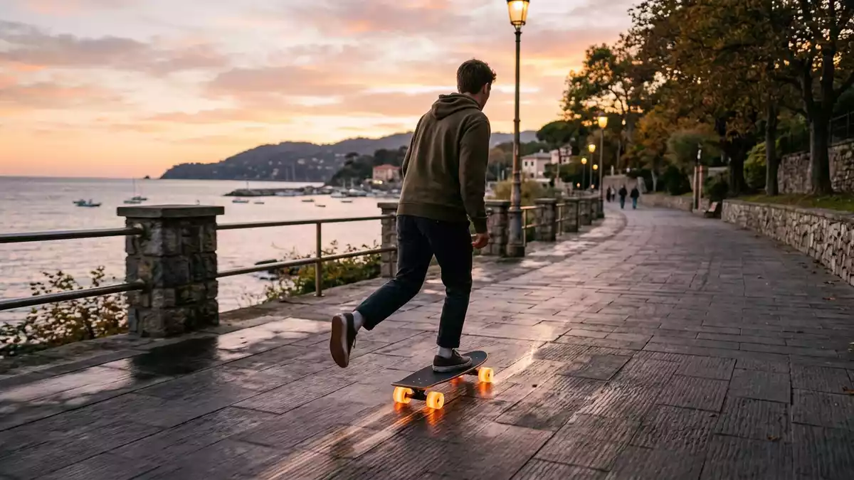 Fotorealistische Ansicht von Skateboard an der Promenade in warmem Abendlicht, neutral