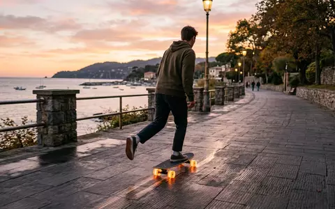 Fotorealistische Aufnahme von Skateboard an der Promenade zum Thema Deleven Skateboard 22 Zoll, warmes Abendlicht - Foto: THN