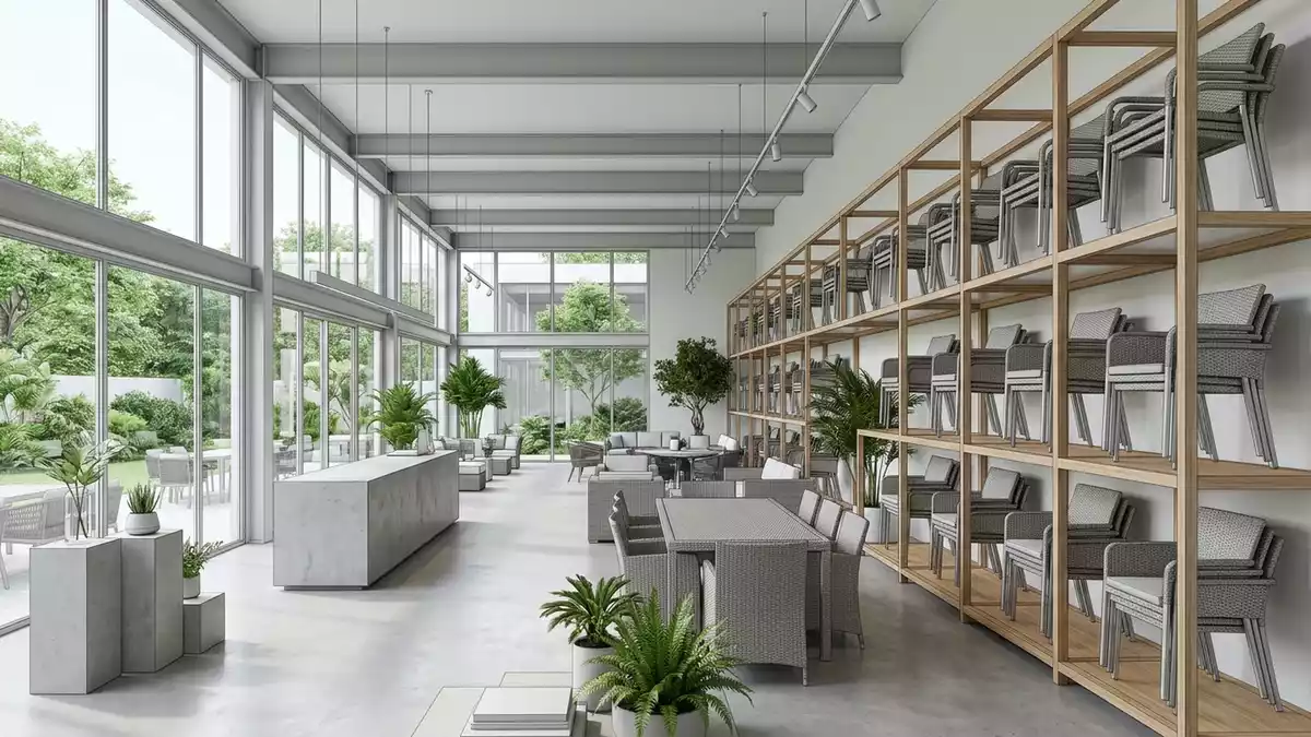 Architektur-Render im Gartenmoebelladen mit Gartenstuhl im Ausstellungsbereich