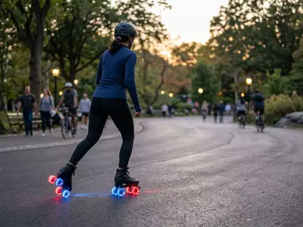 Fotorealistische Aufnahme von Rollschuhe im Park zum Thema Deelite Deewheels Rollschuhe LED-Räder, natuerliches Licht - Foto: THN