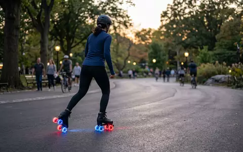 Fotorealistische Aufnahme von Rollschuhe im Park zum Thema Deelite Deewheels Rollschuhe LED-Räder, natuerliches Licht - Foto: THN