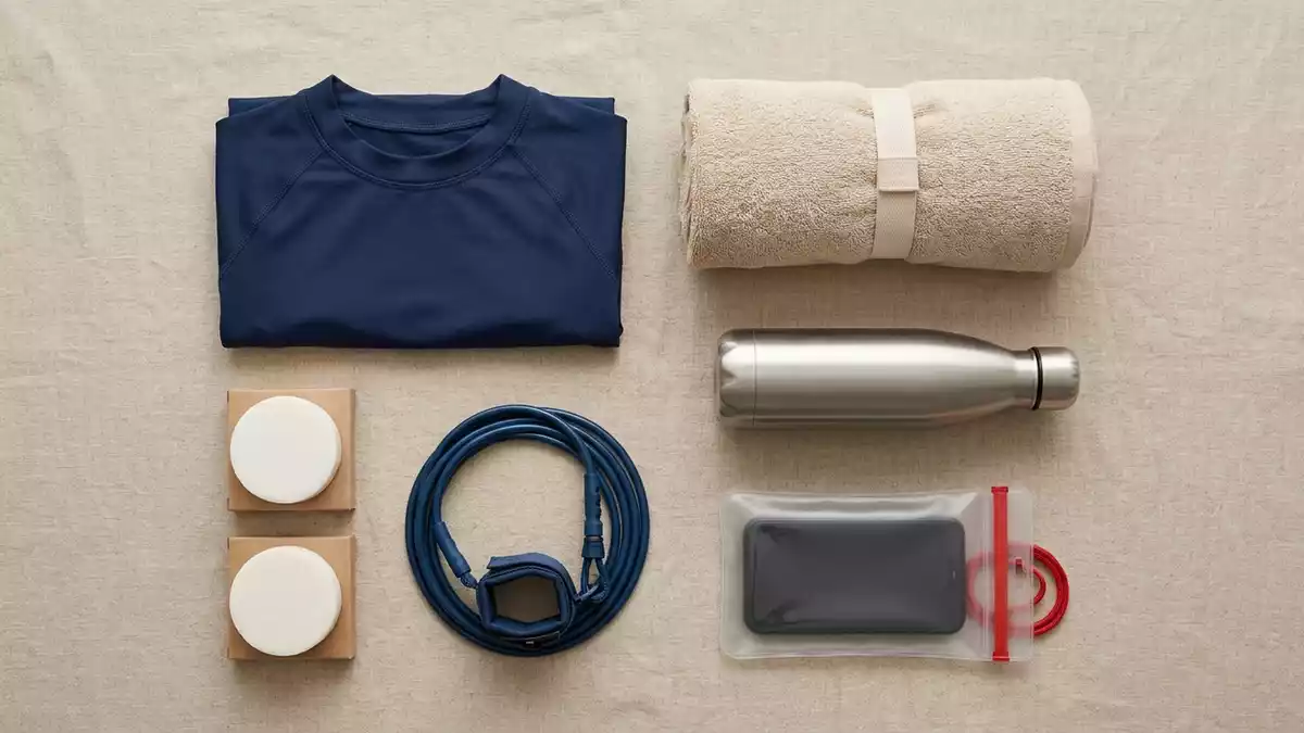 Flatlay-Arrangement rund um Rashguard mit passenden Requisiten von oben, neutral