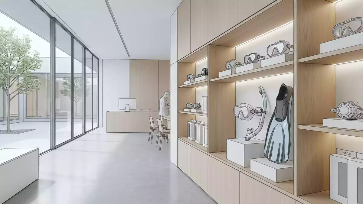 Architektur-Render im Tauchgeschaeft mit Kinderschnorchelset im Ausstellungsbereich