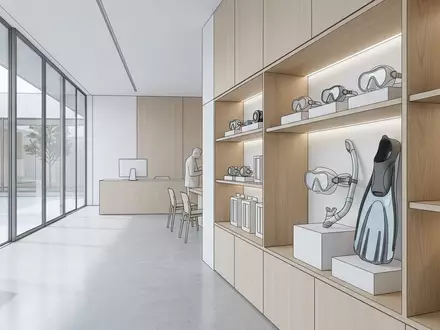 Architektur-Render im Tauchgeschaeft mit Kinderschnorchelset zum Thema Decathlon Subea Kinder Schnorchelset, neutrales Tageslicht - Foto: THN