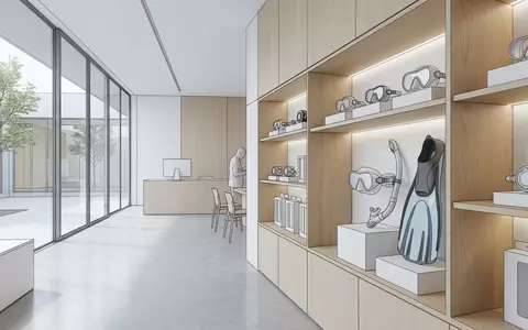 Architektur-Render im Tauchgeschaeft mit Kinderschnorchelset zum Thema Decathlon Subea Kinder Schnorchelset, neutrales Tageslicht - Foto: THN