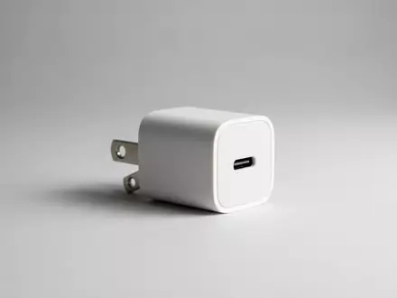 Fotorealistische Studioaufnahme von USB-C Ladegeraet zum Thema Samsung 25W USB-C Schnellladegerät, klare Lichtfuehrung - Foto: THN