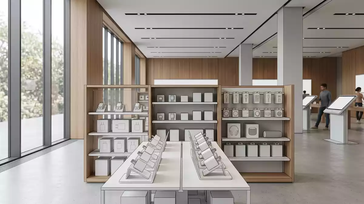 Architektur-Render im Elektronikmarkt mit USB-C Ladegeraet im Ausstellungsbereich