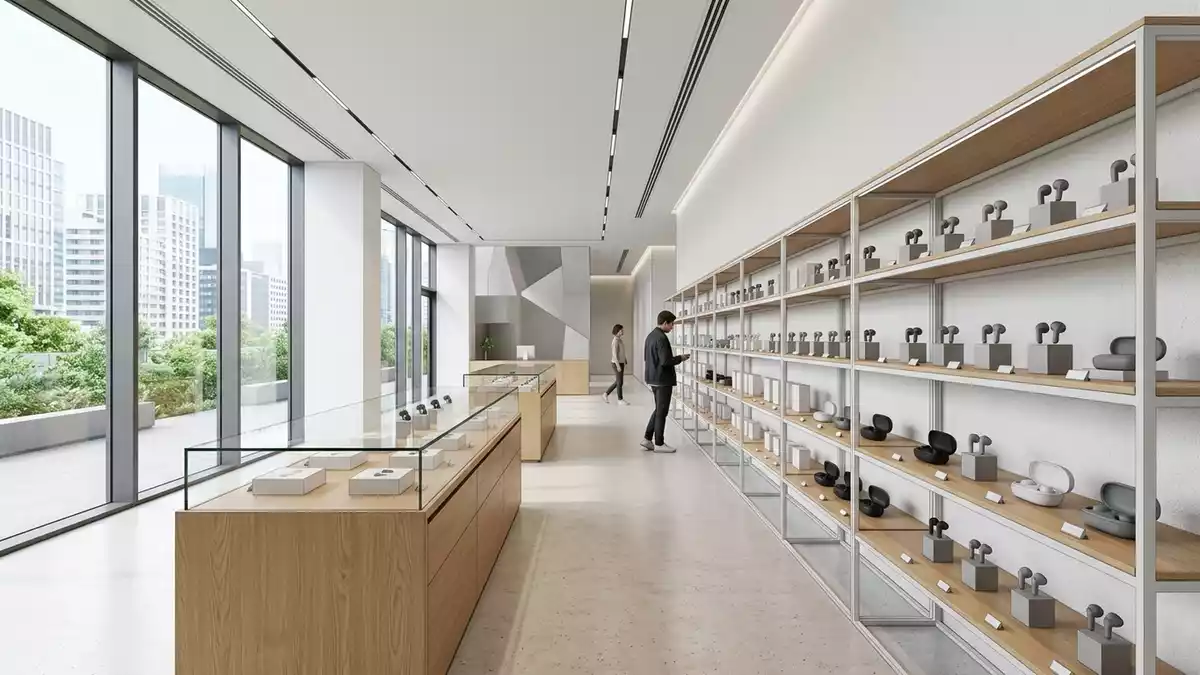 Architektur-Render im Elektronikmarkt mit Kabellose Ohrhoerer im Ausstellungsbereich