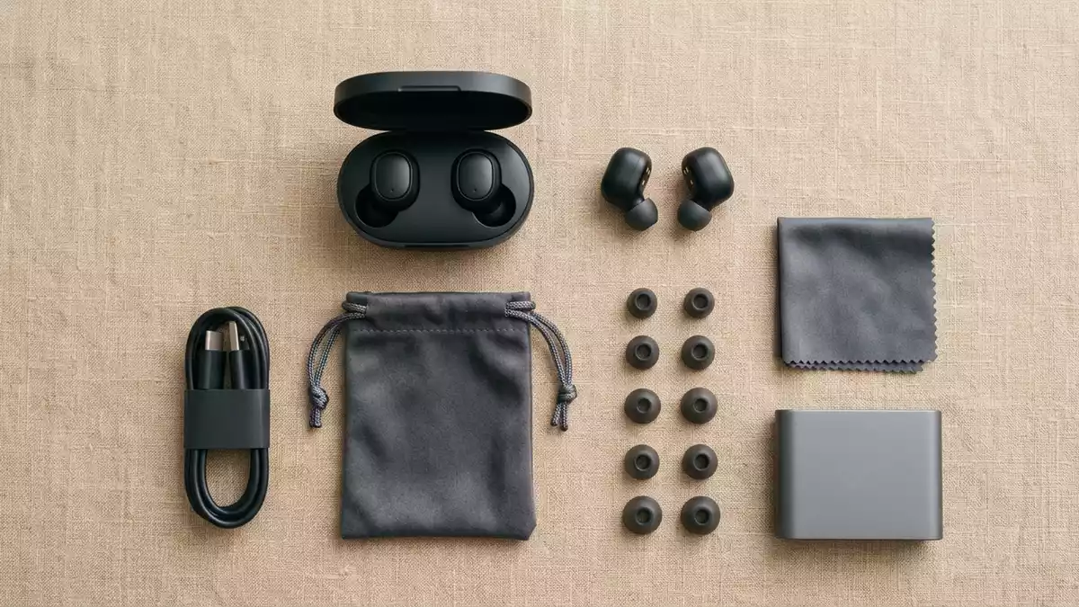 Flatlay-Arrangement rund um Kabellose Ohrhoerer mit passenden Requisiten von oben