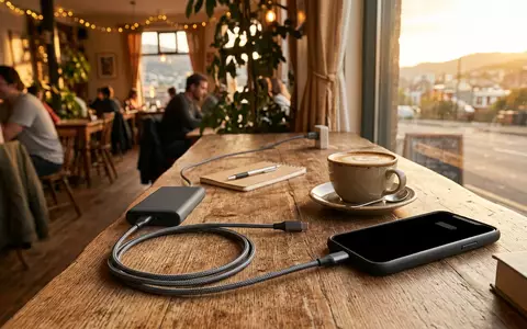 Fotorealistische Aufnahme von USB-C Kabel im Strassencafe zum Thema Samsung USB-C auf USB-C, warmes Abendlicht - Foto: THN